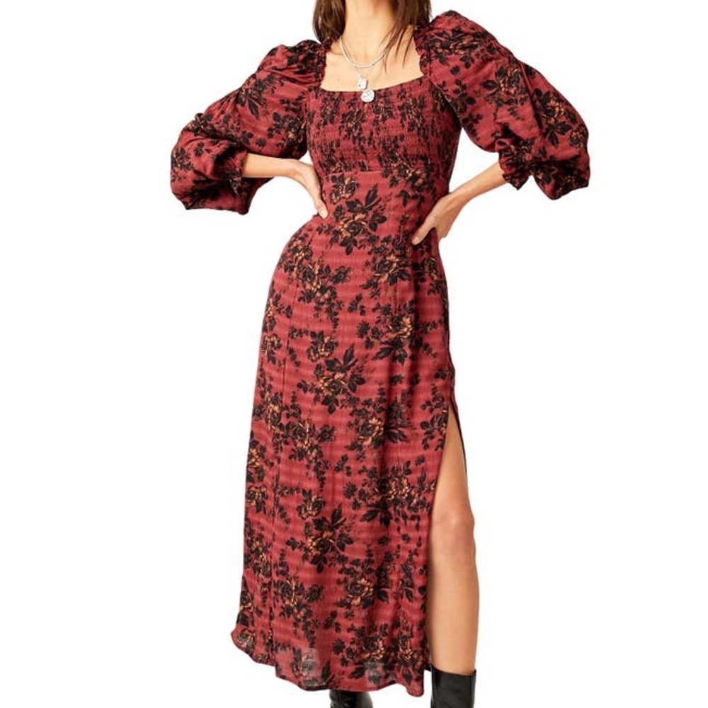 Free People Jaymes Floral Smocked Long Sleeve Maxi Dress Burgundy Size XS‎ Boho